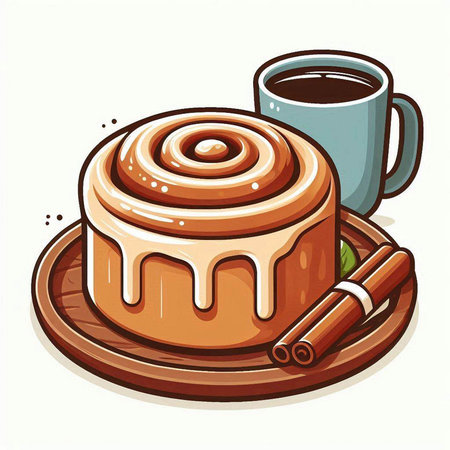 Cinnamon roll and cup of coffee on white background. Vector illustration.のイラスト素材