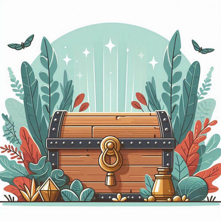 Wooden treasure chest with key and keyhole. Vector illustration.のイラスト素材