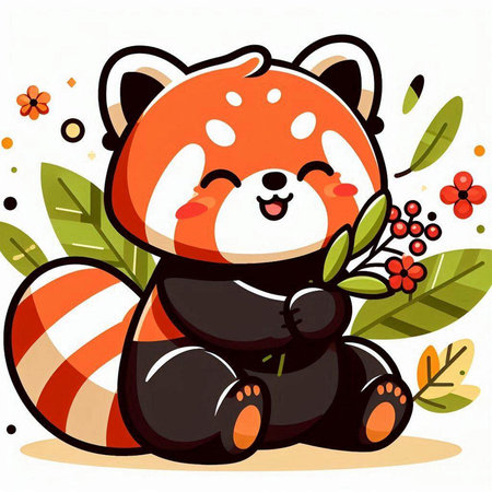 Cute red panda sitting on the ground and holding a flower. Vector illustration.のイラスト素材