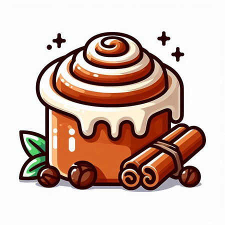Cinnamon roll with whipped cream and cinnamon sticks. Vector illustration.のイラスト素材