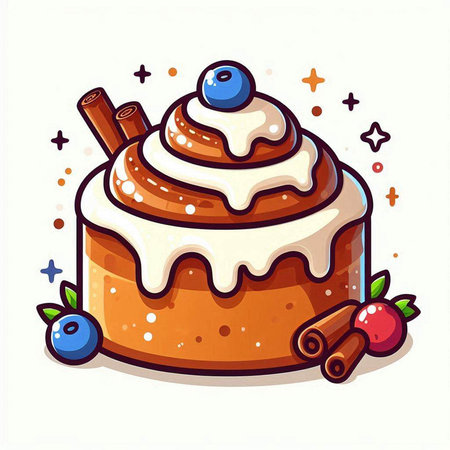Cake with cinnamon, blueberry and starry background. Vector illustration.のイラスト素材
