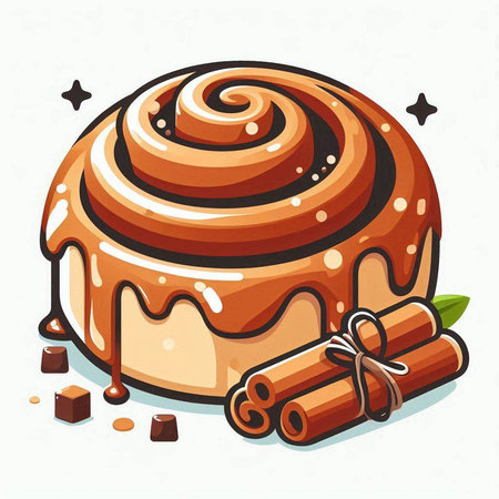 Cinnamon roll with chocolate glaze and cinnamon sticks. Vector illustration.のイラスト素材