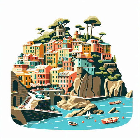 Vintage colorful houses on the coast of the sea, vector illustrationのイラスト素材