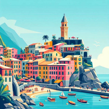 Riomaggiore, Italy. Colorful town on the Italian Riviera.のイラスト素材