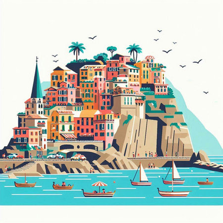 Colorful vector illustration of Manarola, Cinque Terre, Italyのイラスト素材