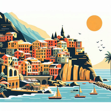 Vector illustration of the city of Vernazza, Cinque Terre, Italyのイラスト素材
