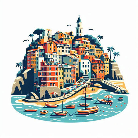 Vernazza, Cinque Terre, Italy. Colorful hand drawn vector illustration.のイラスト素材