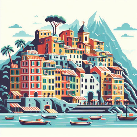 Vector illustration of colorful houses on the shore of Lake Garda, Italyのイラスト素材