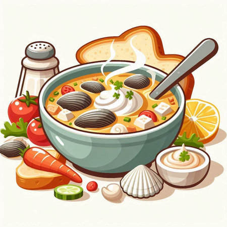 Illustration of a bowl of soup with seafood, vegetables and breadのイラスト素材