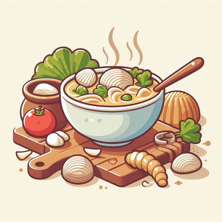 Illustration of a bowl of soup with noodles, vegetables and greensのイラスト素材