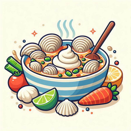 Illustration of a bowl of Chinese soup with dumplings and vegetablesのイラスト素材