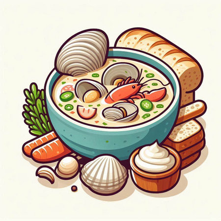 Seafood soup in a bowl. Vector illustration on white background.のイラスト素材