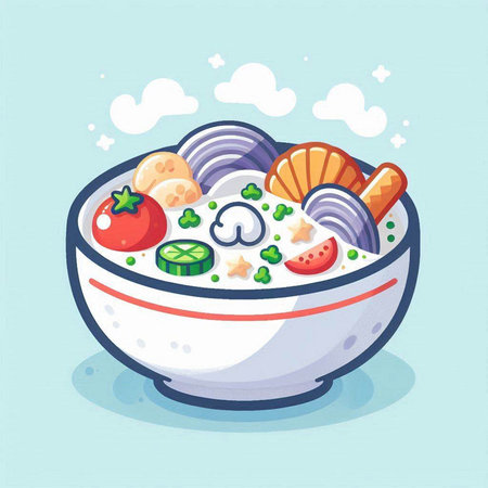 Vector illustration of bowl of tasty soup with salmon, rice, vegetables and mushrooms.のイラスト素材