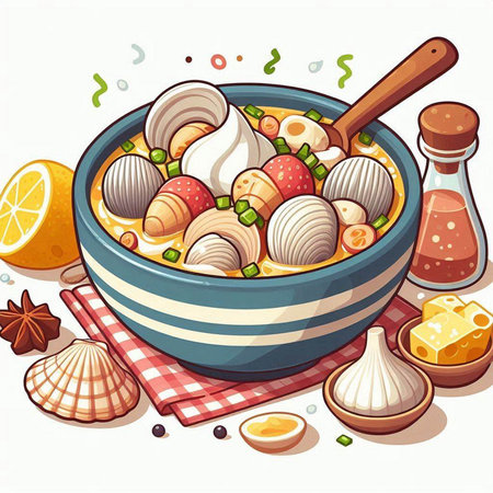 Illustration of a bowl of soup with different ingredients on a white backgroundのイラスト素材