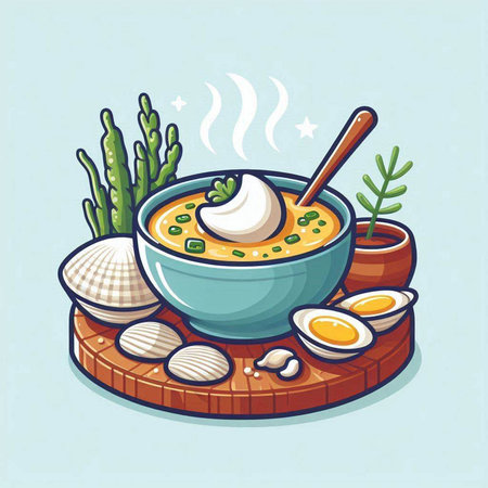 Bowl of soup with sour cream and egg. Vector illustration.のイラスト素材