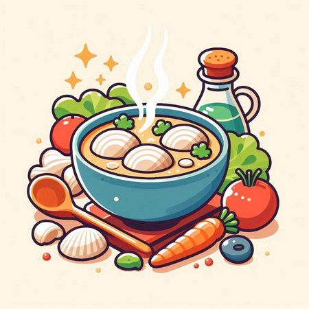 Bowl of soup with meatballs and vegetables. Vector illustration.のイラスト素材