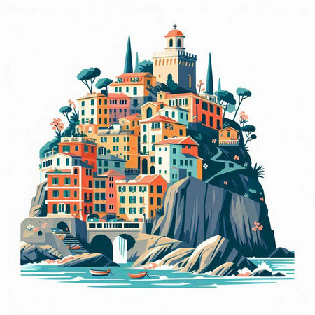 Riomaggiore, Cinque Terre, Liguria, Italy. Hand drawn vector illustrationのイラスト素材