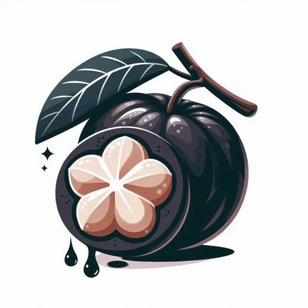 Illustration of a mangosteen fruit with a drop of juice.のイラスト素材