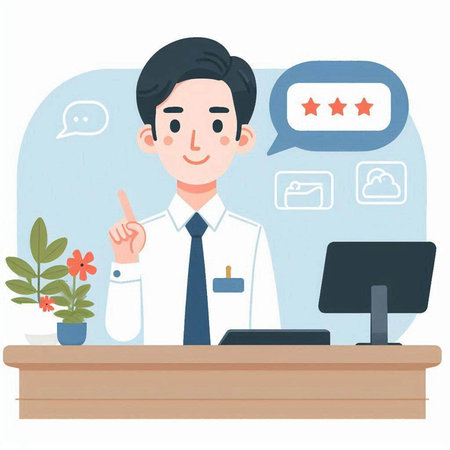 Illustration of a male doctor in a lab coat pointing at a five star ratingのイラスト素材
