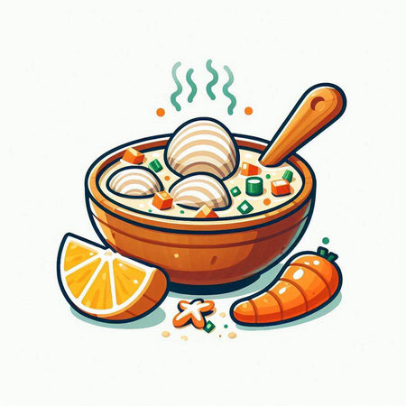 Bowl of soup with dumplings. Hand drawn vector illustration.のイラスト素材
