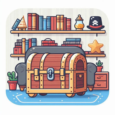 Treasure chest and books on shelves in cartoon style. Vector illustration.のイラスト素材