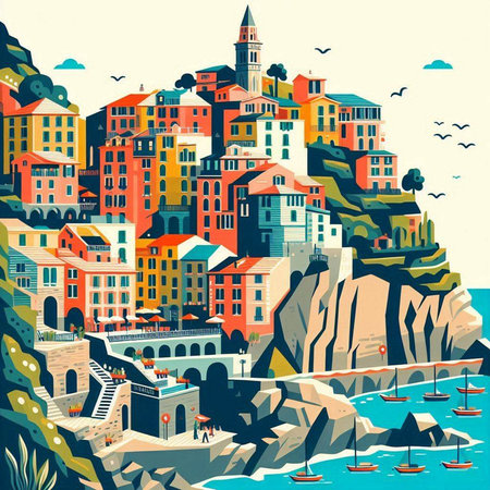 Cinque Terre, Italy. Colorful vector illustration in retro styleのイラスト素材