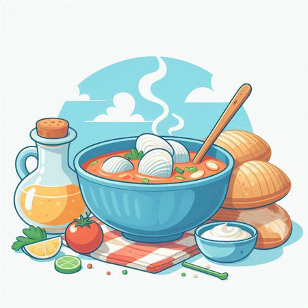 Illustration of a bowl of soup with mozzarella balls, tomatoes and sour creamのイラスト素材