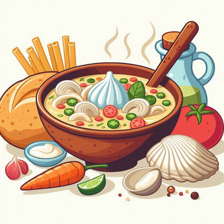 Illustration of a bowl of soup with noodles, vegetables and sour creamのイラスト素材