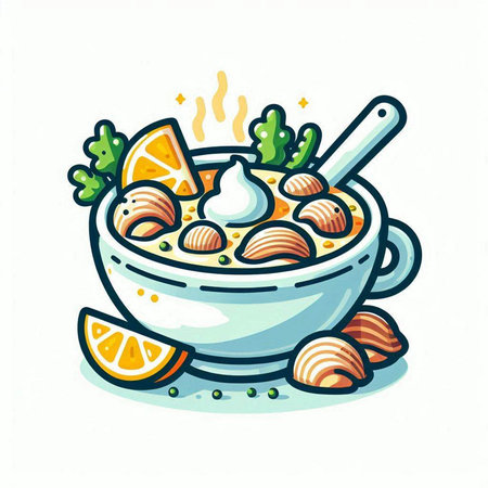 Bowl of soup with salmon, lemon and herbs. Vector illustration.のイラスト素材