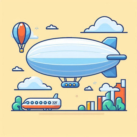 Airship and city landscape. Colorful vector illustration in flat styleのイラスト素材