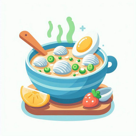 Bowl of porridge with vegetables and eggs. Vector illustration.のイラスト素材