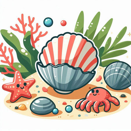 Seashells and starfish on the sand. Vector illustration.のイラスト素材
