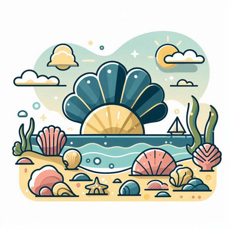 Seashells on the seashore. Vector illustration.のイラスト素材