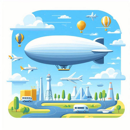 Airship in the sky with clouds. Air transport. Vector illustrationのイラスト素材