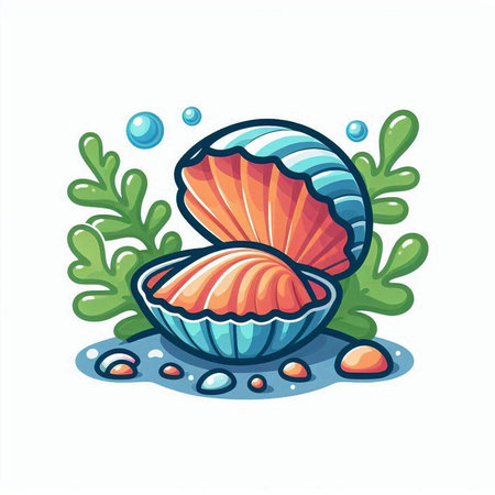 Vector illustration of a sea shell in cartoon style on white background.のイラスト素材