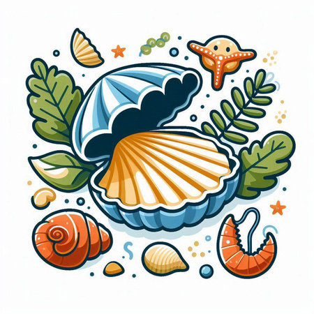 Seashells, starfish and seaweed. Vector illustration.のイラスト素材