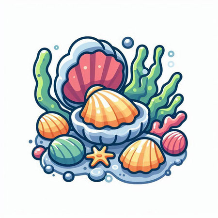 Cute cartoon seashells and seaweed. Vector illustration.のイラスト素材