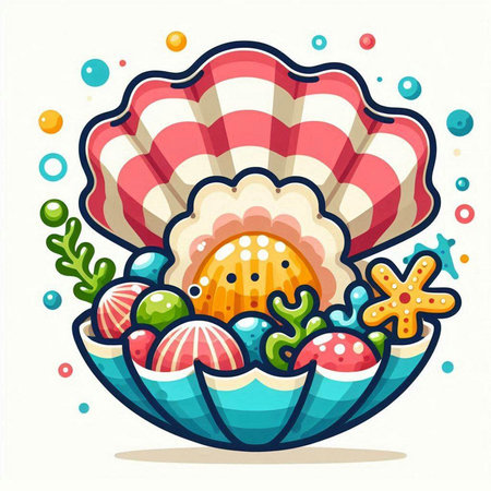 Cute sea shell with seashells and seaweed. Vector illustrationのイラスト素材