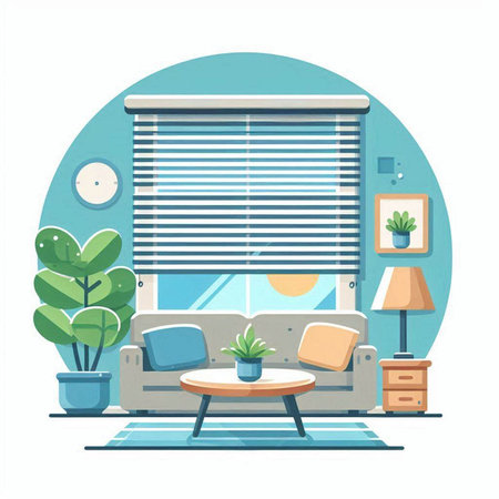 Living room interior with window, sofa and plants. Flat style vector illustration.のイラスト素材