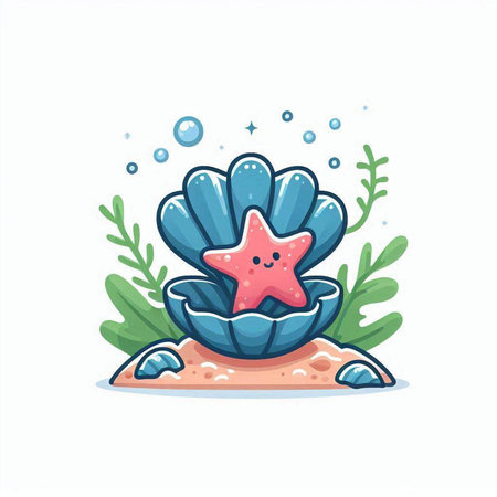 Sea shell with starfish and seaweed. Vector illustration in cartoon styleのイラスト素材