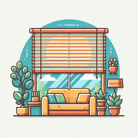 Living room with window, sofa and plants. Vector illustration in flat styleのイラスト素材