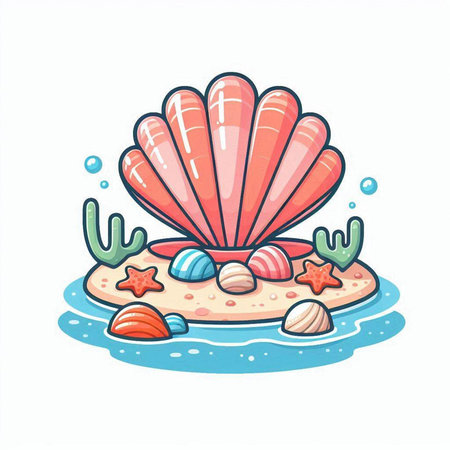 Illustration of a seashell on a coral reef. Vector illustrationのイラスト素材
