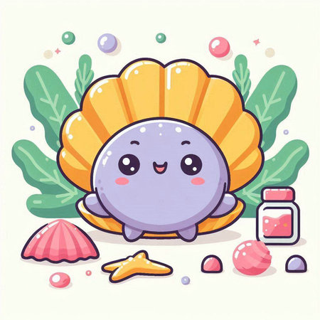 Cute cartoon seashell character. Vector illustration of sea shell.のイラスト素材