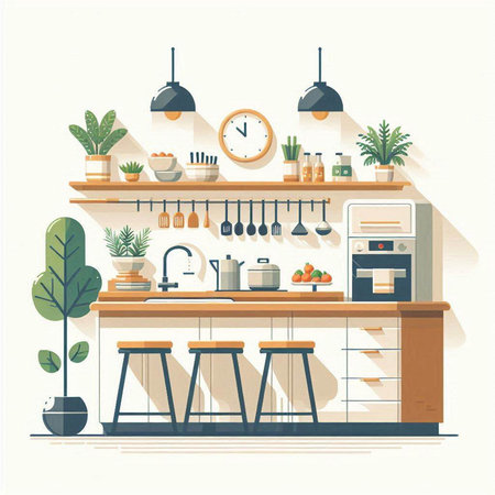 Kitchen interior with furniture and equipment. Vector illustration in flat styleのイラスト素材