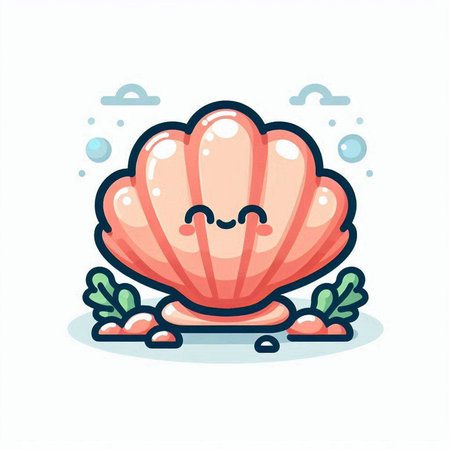 Cute cartoon seashell character vector illustration. Cute sea shell mascot.のイラスト素材
