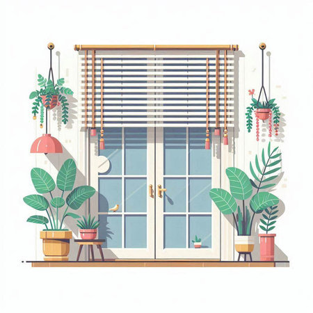Flat vector illustration of modern house interior with windows and plants.のイラスト素材