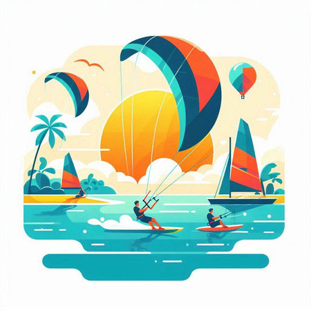 Kitesurfing. Vector illustration. Flat design style. The concept of summer vacation.のイラスト素材