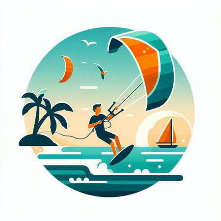 Kitesurfing on the sea. Vector illustration in flat styleのイラスト素材