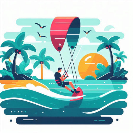 Kitesurfing on the sea. Vector illustration in flat styleのイラスト素材