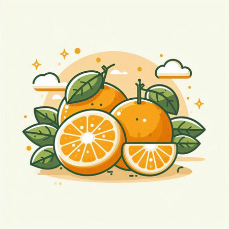 Orange fruit with leaves and sun. Vector illustration in flat style.のイラスト素材